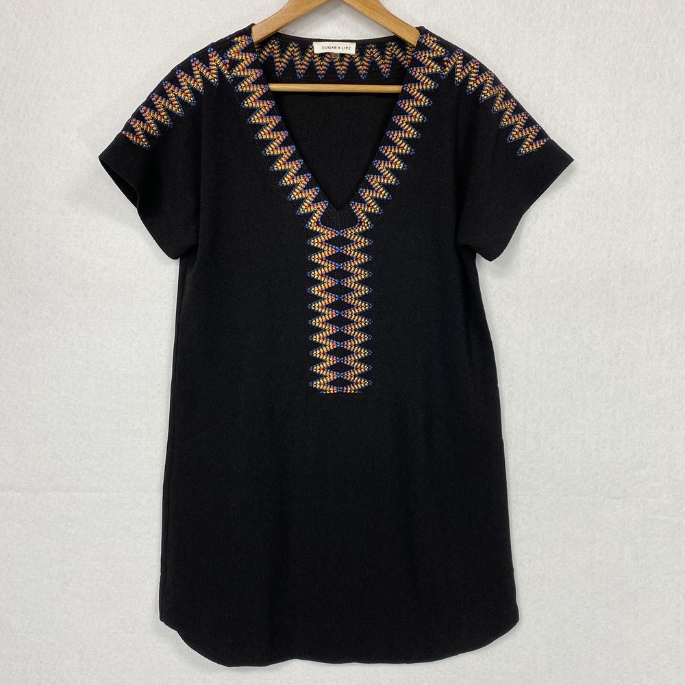 Sugar Lips Dress Women’s XS Embroidered Zig Zag Black Short V Neck Beach Cruise